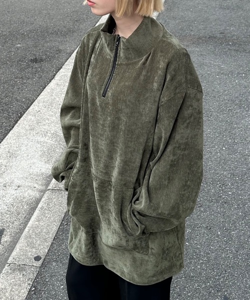 ストリートファッション nmtc + エヌエムティーシープラス oversized half zip top ハーフジップ オーバーサイズ スウェット ジャージ ビッグシルエット 長袖トップス ベロア ハイネックブルゾン