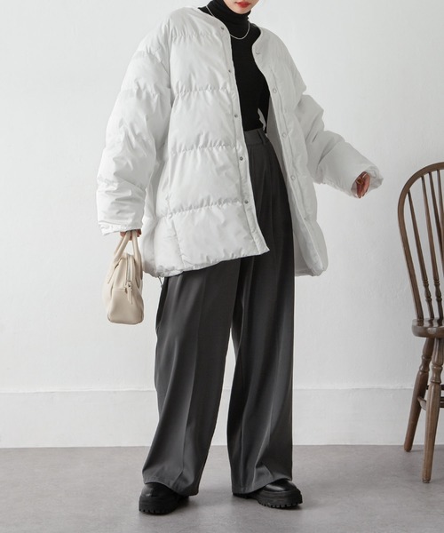 Chillfar（チルファー）の「中綿ノーカラーオーバージャケット（ダウンジャケット/コート・レディース・アイボリー/ブラック・FREE）」の12枚目の写真