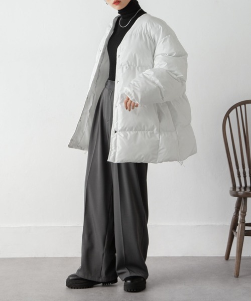 Chillfar（チルファー）の「中綿ノーカラーオーバージャケット（ダウンジャケット/コート・レディース・アイボリー/ブラック・FREE）」の14枚目の写真