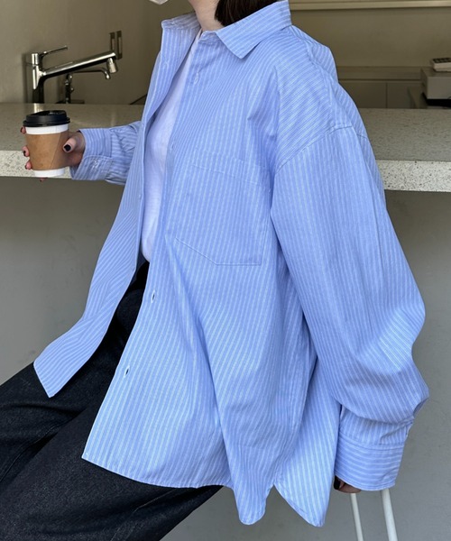 flaner（フラネ）の「Loose stripe shirt / ルーズストライプシャツ（シャツ/ブラウス・レディース・サックスブルー/ピンク・LARGE/MEDIUM）」の2枚目の写真