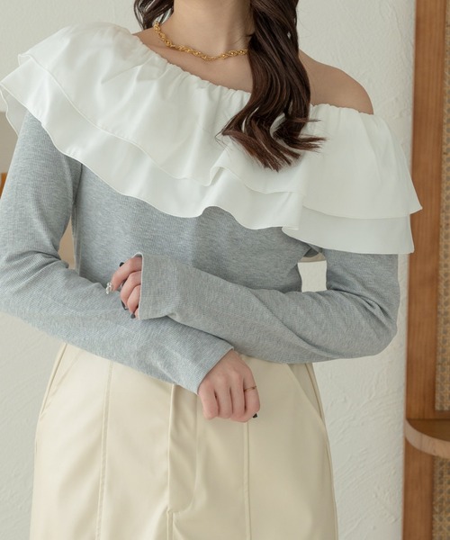 Ambre Neige（アンブルネージュ）の「multi way frill tops / マルチウェイフリルトップス（Tシャツ/カットソー・レディース・アイボリー/ベビーピンク/ライトグレー・FREE）」の2枚目の写真