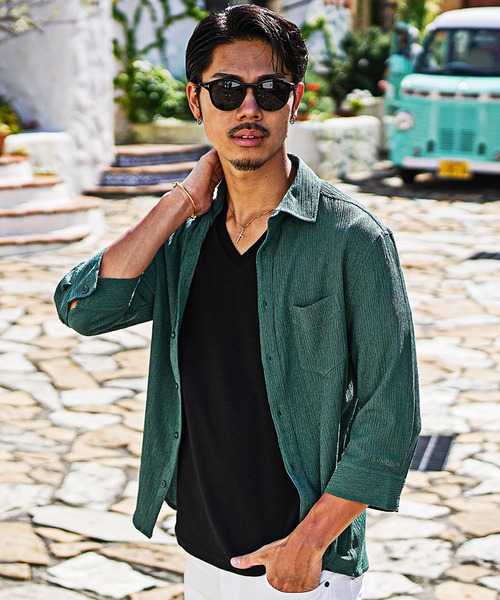 SOMEDIFF(サムディフ)の「楊柳パナマカラーシャツ メンズ 7分袖 長袖 スリムフィットシャツ セットアップ 春服(シャツ/ブラウス・メンズ・ブラック/グリーン/ベージュ/ブラック系その他/グリーン系その他/ベージュ系その他・M/XL/L)」の14枚目の写真