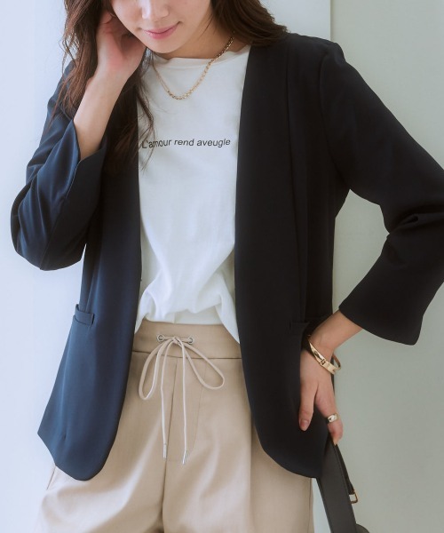 7days Life Styling（セブンデイズライフスタイリング）の「洗えるストレッチダブルクロス7分袖ノーカラージャケット（ノーカラージャケット・レディース・ネイビー/ライトグレー/ライトベージュ/ブラック・S/M/L/LL）」の4枚目の写真