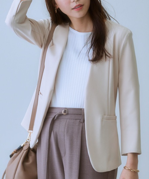 7days Life Styling（セブンデイズライフスタイリング）の「洗えるストレッチダブルクロス7分袖ノーカラージャケット（ノーカラージャケット・レディース・ネイビー/ライトグレー/ライトベージュ/ブラック・S/M/L/LL）」の3枚目の写真