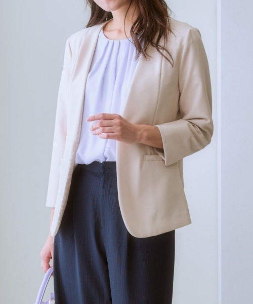 7days Life Styling（セブンデイズライフスタイリング）の「洗えるストレッチダブルクロス7分袖ノーカラージャケット（ノーカラージャケット・レディース・ネイビー/ライトグレー/ライトベージュ/ブラック・S/M/L/LL）」の13枚目の写真
