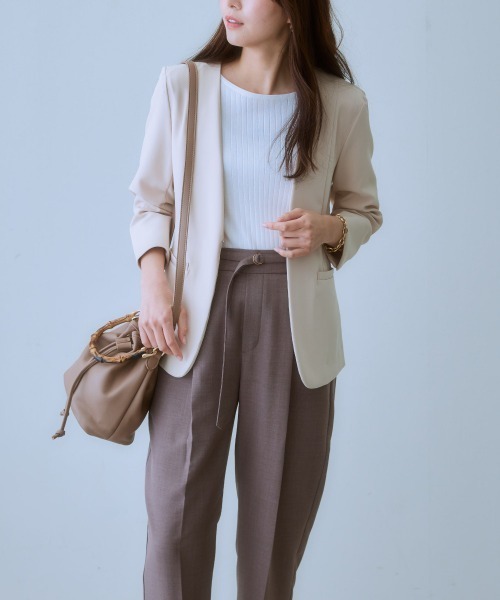 7days Life Styling（セブンデイズライフスタイリング）の「洗えるストレッチダブルクロス7分袖ノーカラージャケット（ノーカラージャケット・レディース・ネイビー/ライトグレー/ライトベージュ/ブラック・S/M/L/LL）」の8枚目の写真