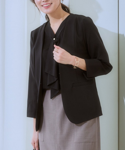 7days Life Styling（セブンデイズライフスタイリング）の「洗えるストレッチダブルクロス7分袖ノーカラージャケット（ノーカラージャケット・レディース・ネイビー/ライトグレー/ライトベージュ/ブラック・S/M/L/LL）」の22枚目の写真