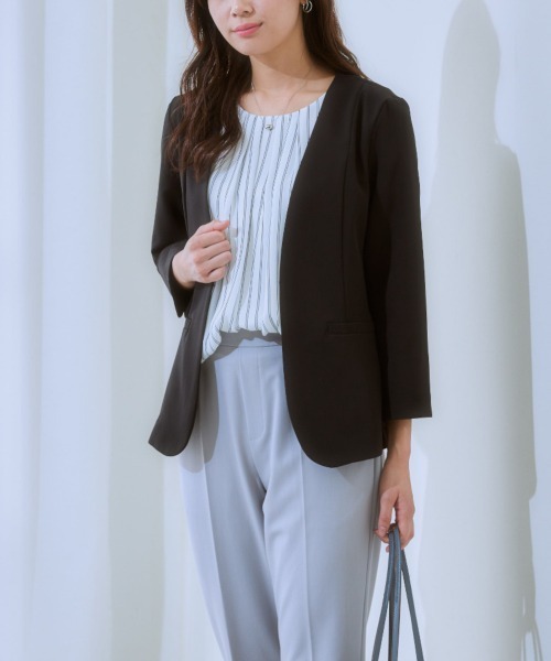 7days Life Styling（セブンデイズライフスタイリング）の「洗えるストレッチダブルクロス7分袖ノーカラージャケット（ノーカラージャケット・レディース・ネイビー/ライトグレー/ライトベージュ/ブラック・S/M/L/LL）」の16枚目の写真