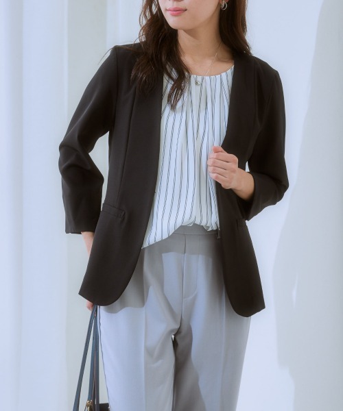 7days Life Styling（セブンデイズライフスタイリング）の「洗えるストレッチダブルクロス7分袖ノーカラージャケット（ノーカラージャケット・レディース・ネイビー/ライトグレー/ライトベージュ/ブラック・S/M/L/LL）」の14枚目の写真