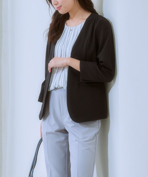 7days Life Styling（セブンデイズライフスタイリング）の「洗えるストレッチダブルクロス7分袖ノーカラージャケット（ノーカラージャケット・レディース・ネイビー/ライトグレー/ライトベージュ/ブラック・S/M/L/LL）」の17枚目の写真