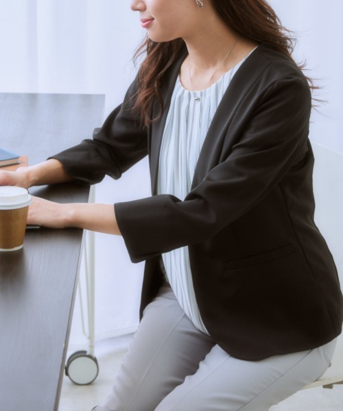 7days Life Styling（セブンデイズライフスタイリング）の「洗えるストレッチダブルクロス7分袖ノーカラージャケット（ノーカラージャケット・レディース・ネイビー/ライトグレー/ライトベージュ/ブラック・S/M/L/LL）」の21枚目の写真