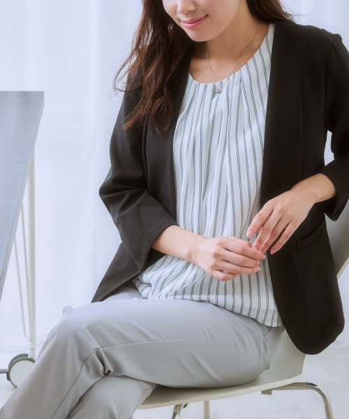 7days Life Styling（セブンデイズライフスタイリング）の「洗えるストレッチダブルクロス7分袖ノーカラージャケット（ノーカラージャケット・レディース・ネイビー/ライトグレー/ライトベージュ/ブラック・S/M/L/LL）」の19枚目の写真