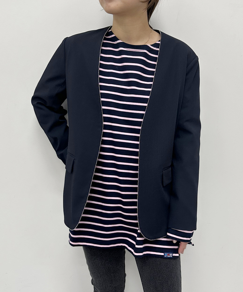 U by SPICK&SPAN（ユーバイスピックアンドスパン）の「ボールチェーンジャケット（ノーカラージャケット・レディース・ネイビー/チャコールグレー・FREE）」の2枚目の写真