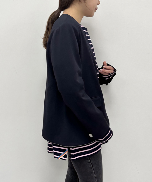 U by SPICK&SPAN（ユーバイスピックアンドスパン）の「ボールチェーンジャケット（ノーカラージャケット・レディース・ネイビー/チャコールグレー・FREE）」の5枚目の写真