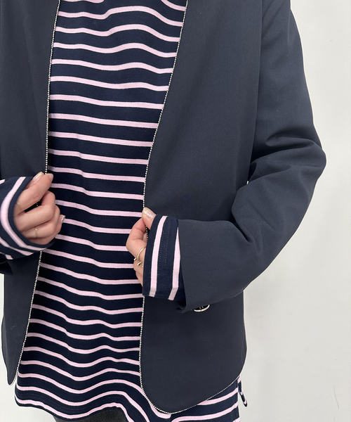 U by SPICK&SPAN（ユーバイスピックアンドスパン）の「ボールチェーンジャケット（ノーカラージャケット・レディース・ネイビー/チャコールグレー・FREE）」の6枚目の写真