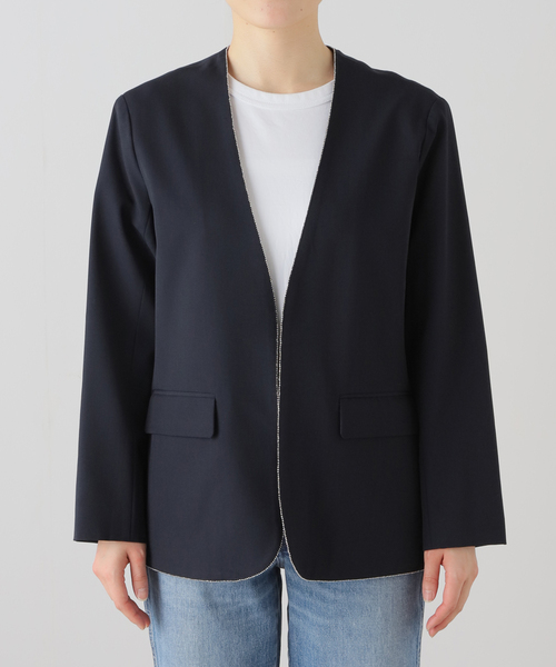 U by SPICK&SPAN（ユーバイスピックアンドスパン）の「ボールチェーンジャケット（ノーカラージャケット・レディース・ネイビー/チャコールグレー・FREE）」の9枚目の写真