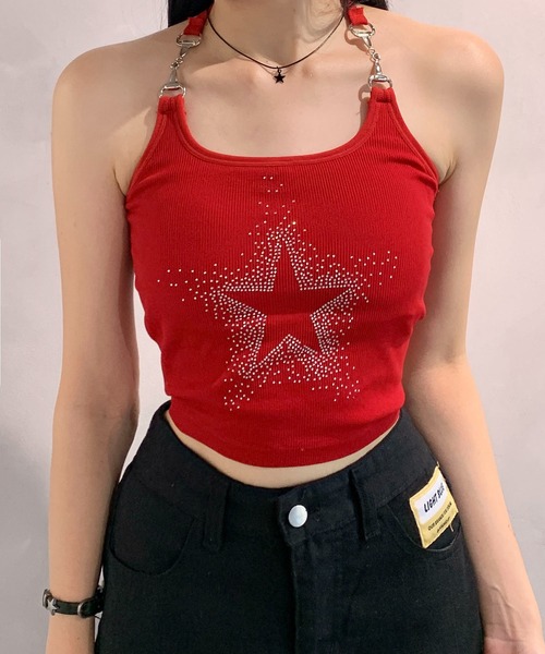 lilful（リルフル）の「【カップ付き】ラインストーンスターモチーフ チェーンホルターネック キャミソール（キャミソール・レディース・ホワイト/レッド/ブラック・F）」の5枚目の写真