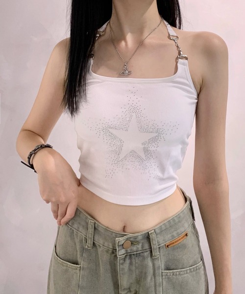lilful（リルフル）の「【カップ付き】ラインストーンスターモチーフ チェーンホルターネック キャミソール（キャミソール・レディース・ホワイト/レッド/ブラック・F）」の11枚目の写真