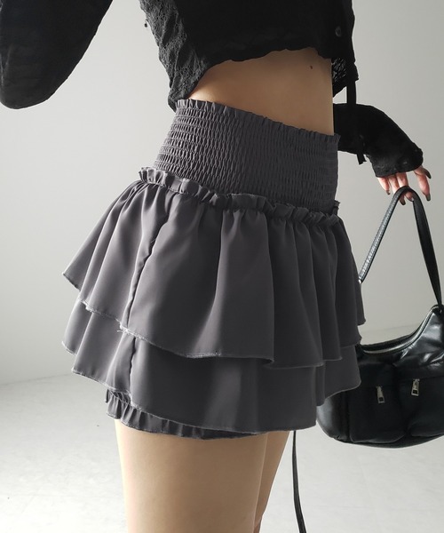 3color ／ 3size 】2段フリルシャーリングミニスカパン ／ double
