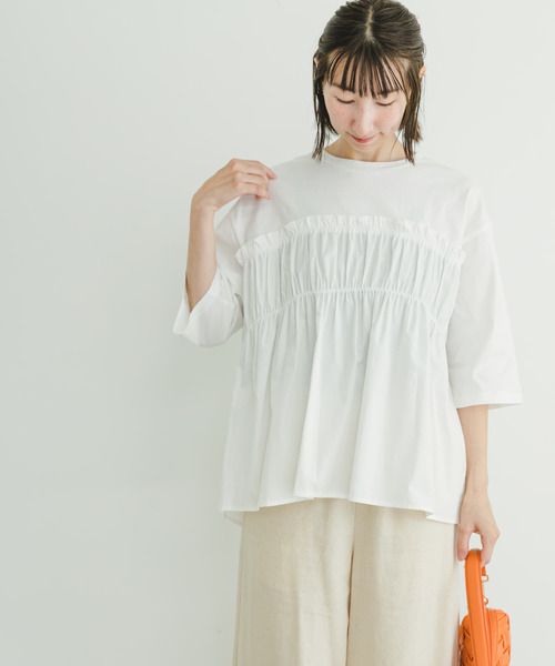 ITEMS URBANRESEARCH（アイテムズ アーバンリサーチ）の「ギャザードッキングハンソデTシャツ（Tシャツ/カットソー・レディース・チャコールグレー/オフホワイト・FREE）」の2枚目の写真