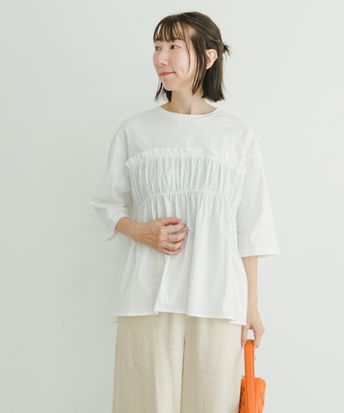 ITEMS URBANRESEARCH（アイテムズ アーバンリサーチ）の「ギャザードッキングハンソデTシャツ（Tシャツ/カットソー・レディース・チャコールグレー/オフホワイト・FREE）」の7枚目の写真