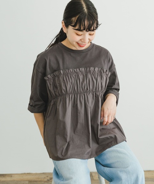 ITEMS URBANRESEARCH（アイテムズ アーバンリサーチ）の「ギャザードッキングハンソデTシャツ（Tシャツ/カットソー・レディース・チャコールグレー/オフホワイト・FREE）」の12枚目の写真