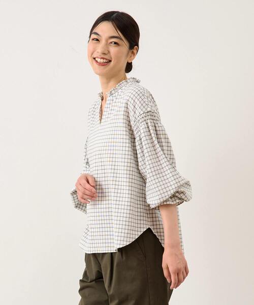 未使用級✨45R インディゴチェック フリルカシュクールブラウス 羽織り シャツ フリルスリーブドッキングツイードチェックブラウス[tu1452