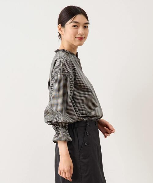 未使用級✨45R インディゴチェック フリルカシュクールブラウス 羽織り シャツ NICOLE CLUB（ニコル クラブ）の「チェックフリルチュニック（シャツ