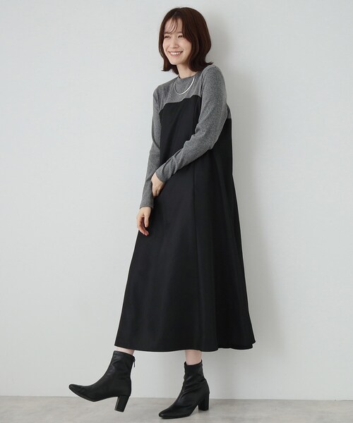 DRESKIP（ドレスキップ）の「◆【S-LL】楽して好印象 大人のための 異素材ドッキングフレアワンピース（ワンピース・レディース・チャコール/キャメル/ブラック系4・01/02/03/04）」の2枚目の写真