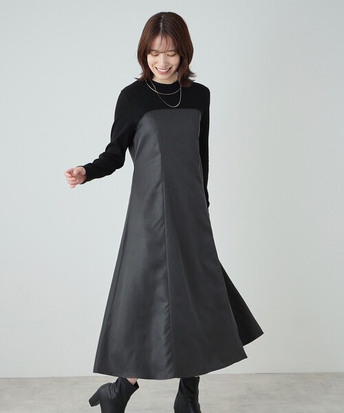 DRESKIP（ドレスキップ）の「◆【S-LL】楽して好印象 大人のための 異素材ドッキングフレアワンピース（ワンピース・レディース・チャコール/キャメル/ブラック系4・01/02/03/04）」の4枚目の写真