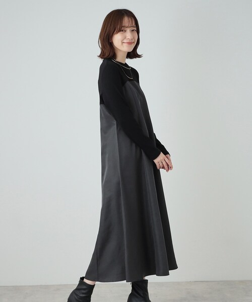 DRESKIP（ドレスキップ）の「◆【S-LL】楽して好印象 大人のための 異素材ドッキングフレアワンピース（ワンピース・レディース・チャコール/キャメル/ブラック系4・01/02/03/04）」の5枚目の写真
