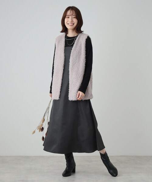 DRESKIP（ドレスキップ）の「◆【S-LL】楽して好印象 大人のための 異素材ドッキングフレアワンピース（ワンピース・レディース・チャコール/キャメル/ブラック系4・01/02/03/04）」の6枚目の写真