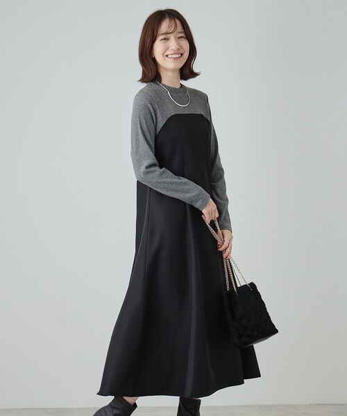 DRESKIP（ドレスキップ）の「◆【S-LL】楽して好印象 大人のための 異素材ドッキングフレアワンピース（ワンピース・レディース・チャコール/キャメル/ブラック系4・01/02/03/04）」の8枚目の写真