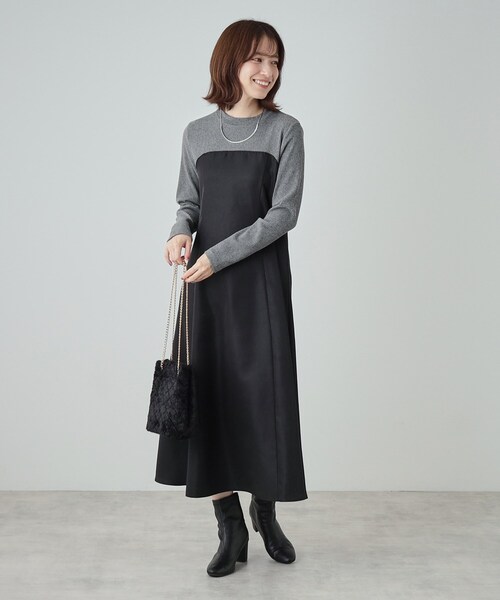 DRESKIP（ドレスキップ）の「◆【S-LL】楽して好印象 大人のための 異素材ドッキングフレアワンピース（ワンピース・レディース・チャコール/キャメル/ブラック系4・01/02/03/04）」の10枚目の写真