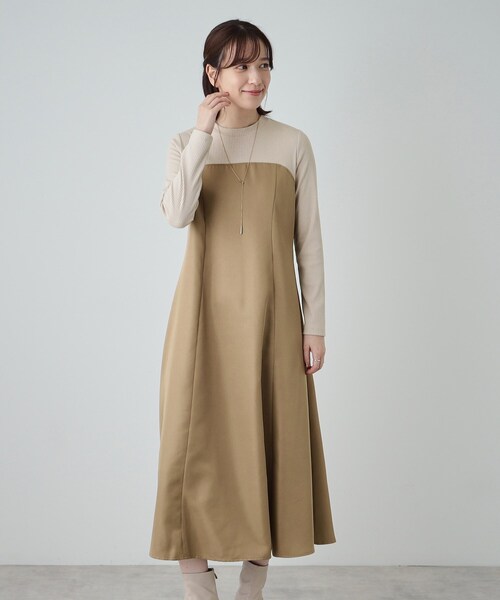 DRESKIP（ドレスキップ）の「◆【S-LL】楽して好印象 大人のための 異素材ドッキングフレアワンピース（ワンピース・レディース・チャコール/キャメル/ブラック系4・01/02/03/04）」の12枚目の写真