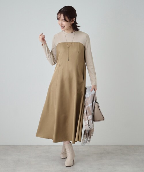 DRESKIP（ドレスキップ）の「◆【S-LL】楽して好印象 大人のための 異素材ドッキングフレアワンピース（ワンピース・レディース・チャコール/キャメル/ブラック系4・01/02/03/04）」の14枚目の写真