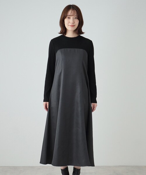 DRESKIP（ドレスキップ）の「◆【S-LL】楽して好印象 大人のための 異素材ドッキングフレアワンピース（ワンピース・レディース・チャコール/キャメル/ブラック系4・01/02/03/04）」の16枚目の写真