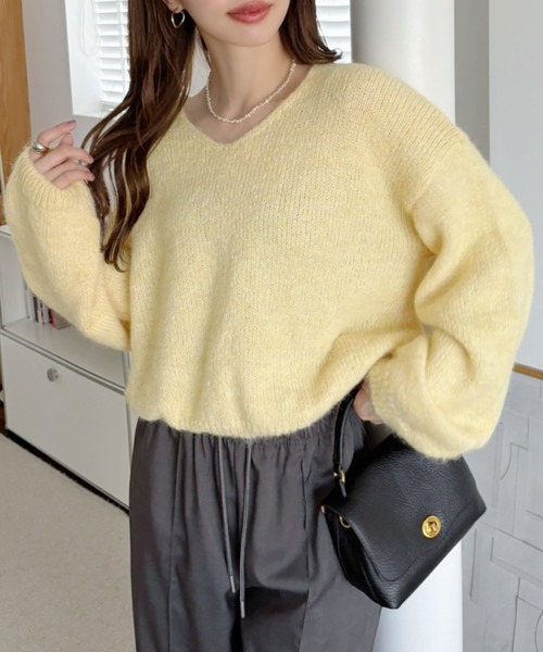 セール】ふんわりタッチ メランジが可愛い Vネック ゆるフワニット