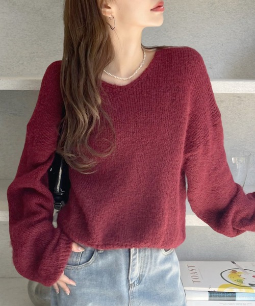 セール】ふんわりタッチ メランジが可愛い Vネック ゆるフワニット