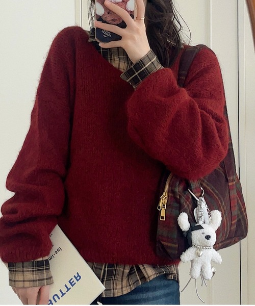 セール】ふんわりタッチ メランジが可愛い Vネック ゆるフワニット