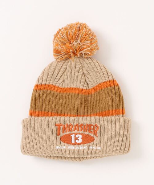 THRASHER(スラッシャー)の「NEW OVAL BONOBON KNIT CAP BEANIE/スラッシャーキッズニットキャップビーニー帽スノボスキーウェア(ニットキャップ/ビーニー・キッズ・ブラック/ベージュ/ピンク・FREE)」の2枚目の写真