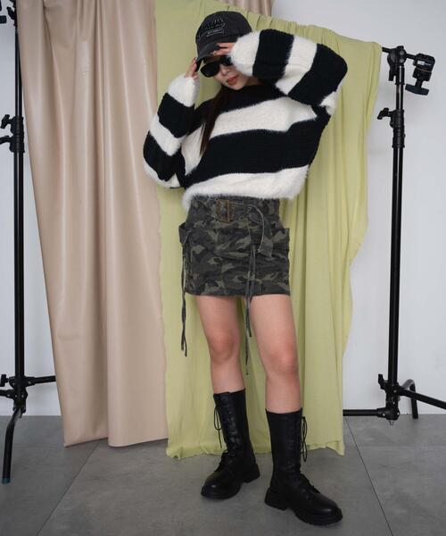 dispark（ディスパーク）の「DISPARK/マテリアルシャギークロップドニット（ニット/セーター・レディース・カーキ/ブラック・FREE）」の4枚目の写真