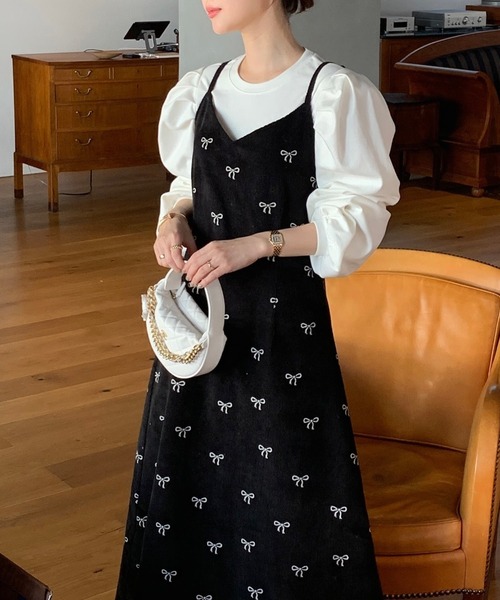 【セール】コーデュロイリボン柄Vネックキャミワンピース（ワンピース）｜emi+（エミプラス）