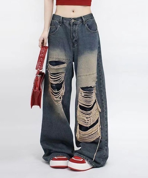 ルーズストレートダメージワイドデニムパンツ（デニムパンツ）｜Ressaca（レサーカ） 5,940円