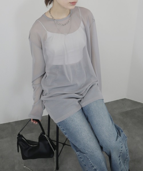 Reurie'(レウリィ)の「【ZOZO限定】ニュアンスオーバーシアートップス/nuance color over sheer top 長袖 クルーネック シースルー 透け感 シンプル カジュアル モード レイヤード 重ね着 日よけ 日差し対策 プール 水着(Tシャツ/カットソー・レディース・アイボリー/ライトグレー/ピンク・FREE)」の20枚目の写真