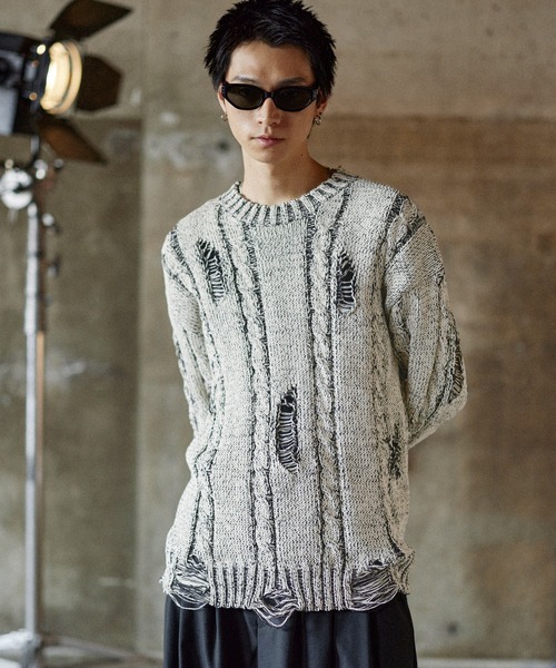 ダメージ×ヴィンテージ加工ローゲージニット（ニット/セーター