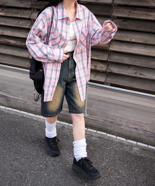 WEGO(ウィゴー)の「WEGO/【25年春夏新作】ヴィンテージライクBIGチェックシャツ(シャツ/ブラウス・レディース・ブラック/ネイビー/サックスブルー/ピンク・FREE)」の8枚目の写真