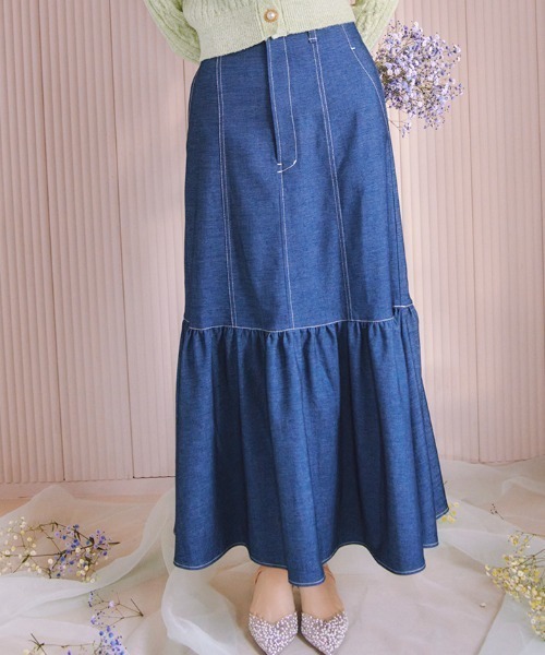 PEACH JOHN（ピーチジョン）の「ボリュームギャザーデニム風スカート（スカート・レディース・ネイビー/ライトブルー/ブルー・SMALL/MEDIUM）」の3枚目の写真