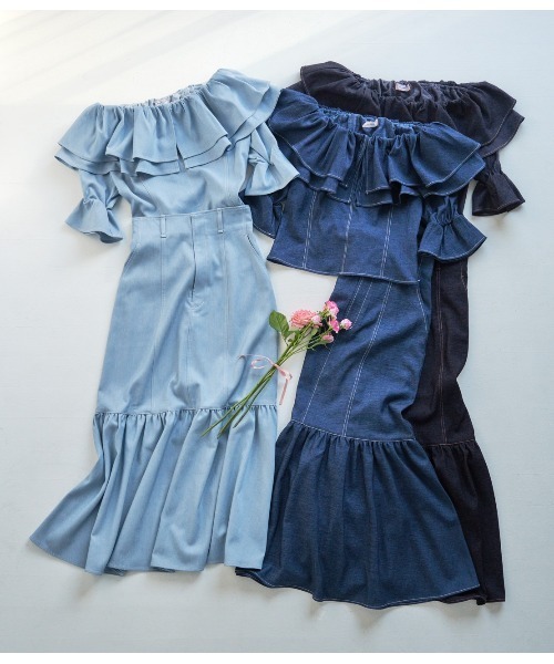 PEACH JOHN（ピーチジョン）の「ボリュームギャザーデニム風スカート（スカート・レディース・ネイビー/ライトブルー/ブルー・SMALL/MEDIUM）」の16枚目の写真