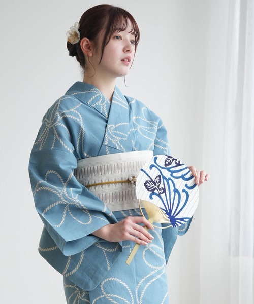 手染め注染浴衣3点セット utatane×注染工房 先染めベージュ 水色の綱